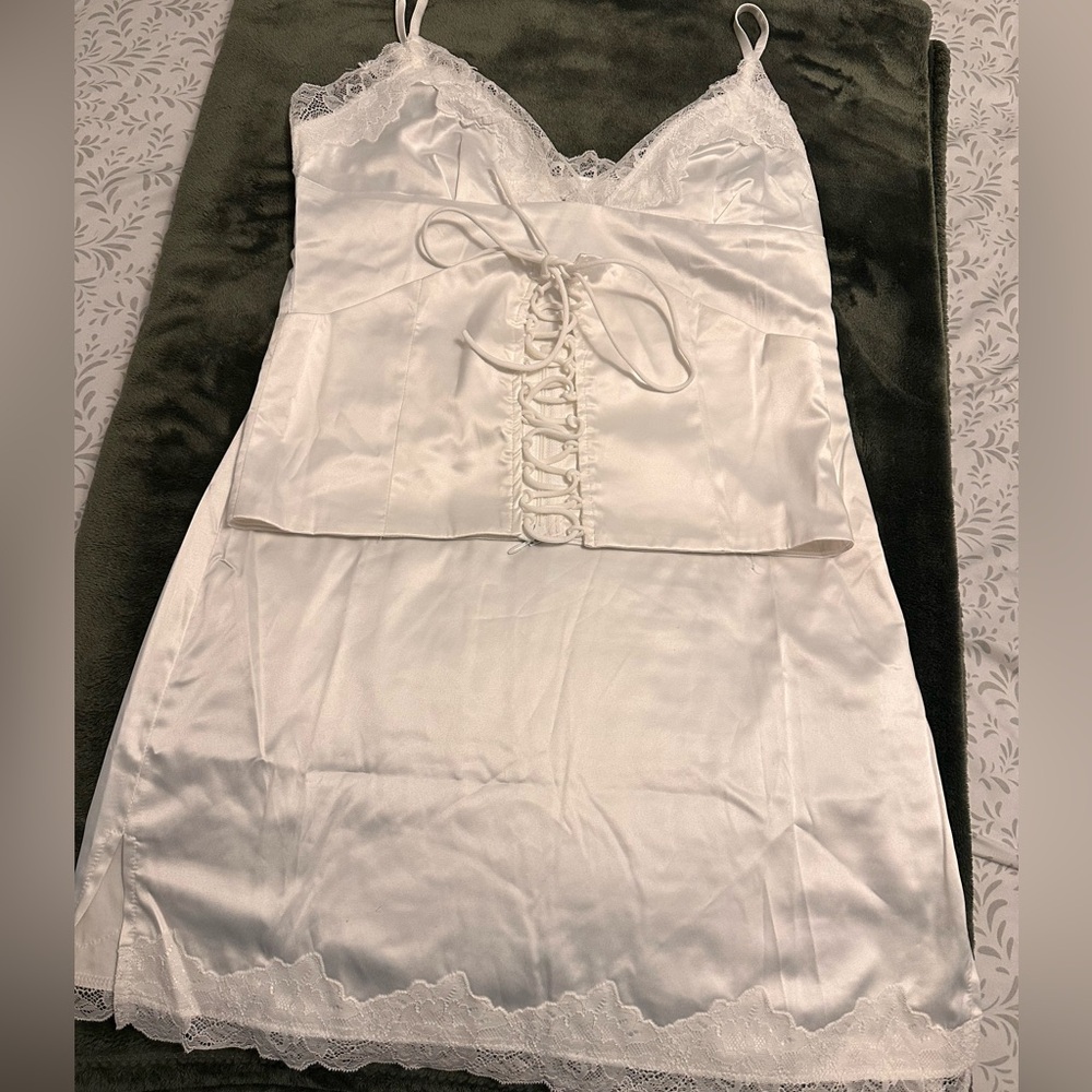 Elegant White Lace-Trimmed Satin Chemise Slip Dress